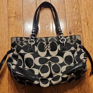 Coach Signature Print Shoulder Tote Handbag Black Beige Leather Trim Satchel